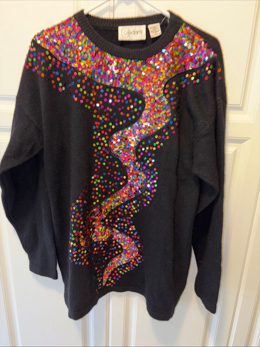 Cedars Colorful Embellished Sequins Beads Black Sweater Womens Vintage Medium